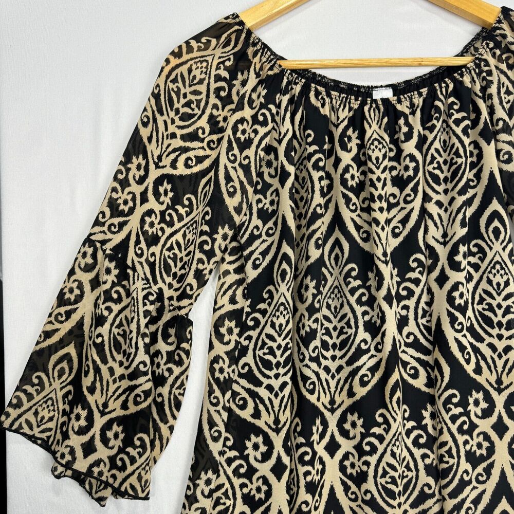 2B Together Sheer Bell Sleeve Tunic Dress Black Tan Women Size Small Long Sleeve - Picture 5 of 11